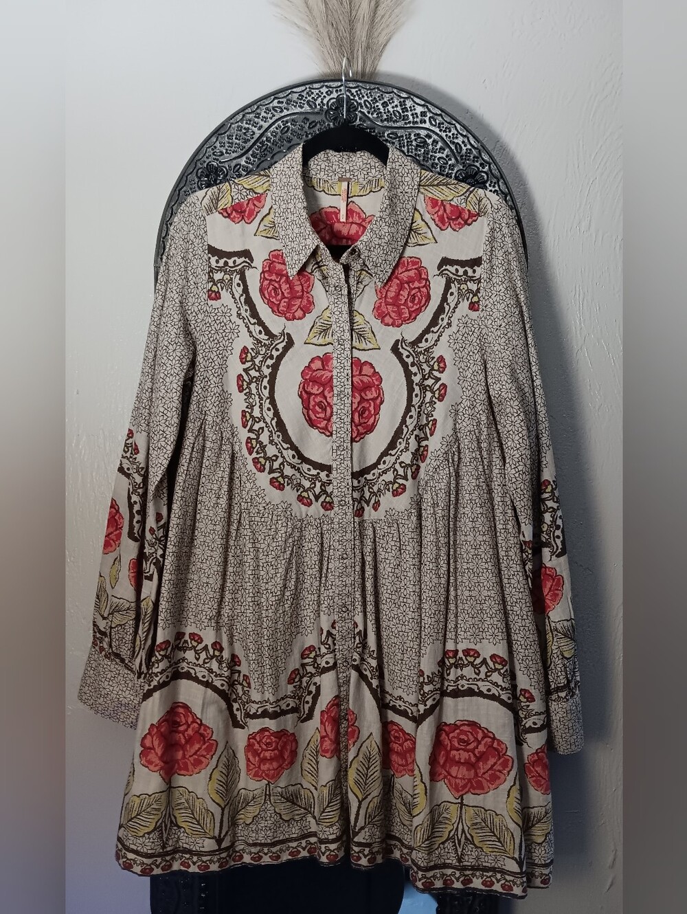🐴Free People Western Floral Snap Button-Front Women's Tunic Top-Earthy Colors!